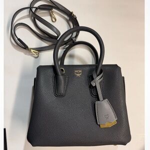 MCM Black Leather Top-Handle Satchel with Gold Hardware